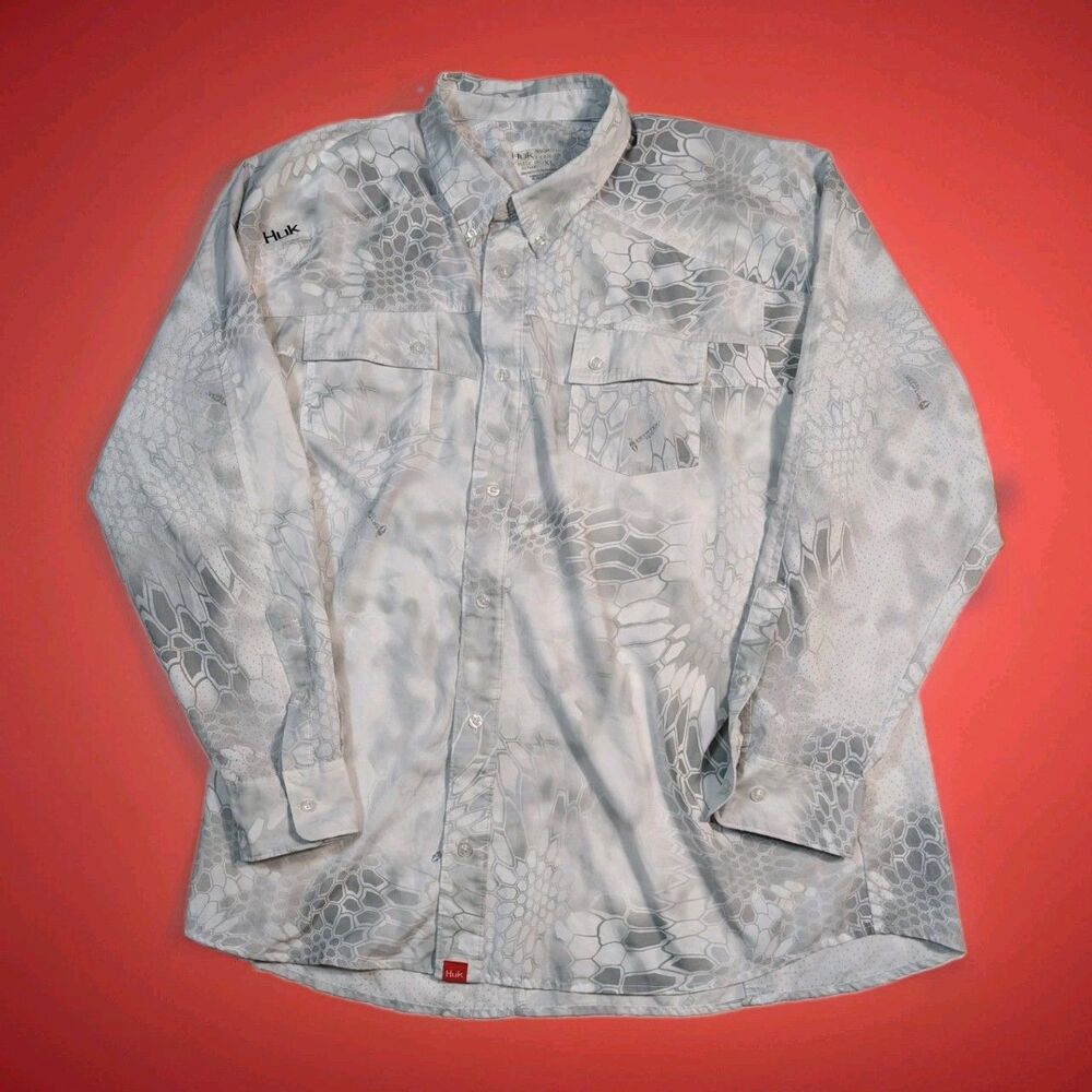 HUK Performance Shirt Men's XL Button Up White Gray Camo Kryptek Yeti Vented